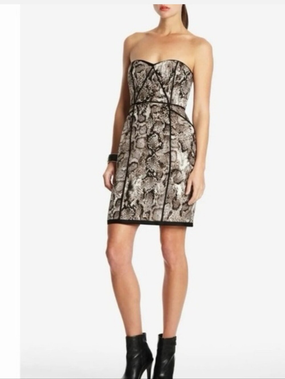 BCBGMAXAZRIA "Shana" Strapless Snake Print Dress